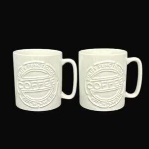 Vintage Pier One Imports White Linen Ceramic Coffee Mugs 20oz Set of 2